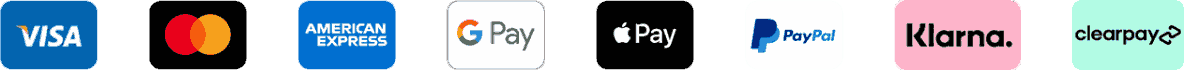 Acccepted payment methods including Visa, Mastercard, American Express, Google Pay, Apple Pay, PayPal, Klarna and Clearpay.